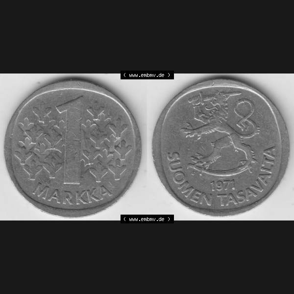 Grau bzw. s/w Münzen Finnland Umlaufmünze 1969-1993, 1 Markka 1971. Vorderseite und Rückseite horizontal auf einen digitalen Bild der alten finnischen Umlaufmünze aus Finnland SUOMI... Sammlung Graustufen