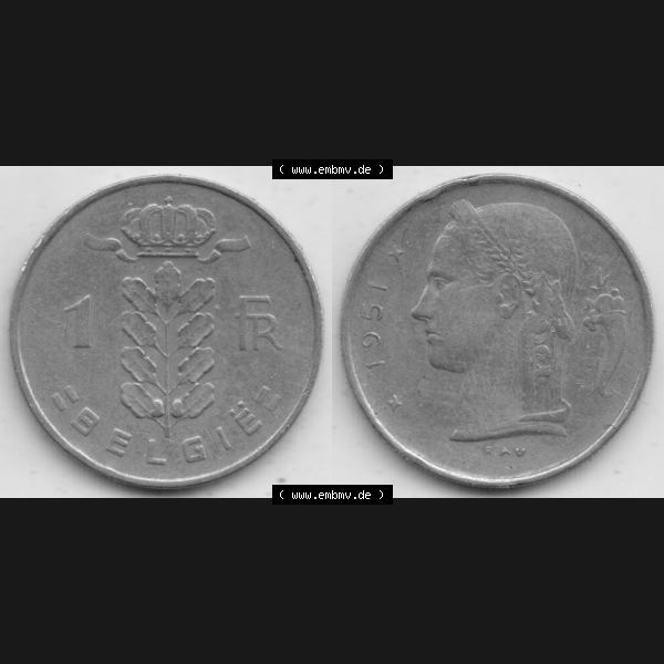 Grau bzw. s/w Münzen Belgien Umlaufmünze 1950-1988, 1 Francs-Franken 1951 Belgie. Vorderseite und Rückseite horizontal auf einen digitalen Bild der alten belgischen Francs Umlaufmünze... Sammlung Graustufen