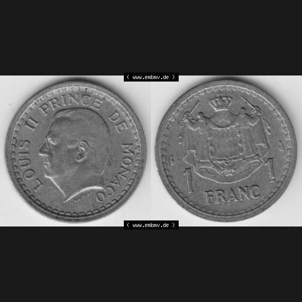 Grau bzw. s/w Münzen Monaco Umlaufmünze 1945-1945, 1 Fr, Franc, Franken, Louis II Prince de Monaco (3) Sammlung Graustufen