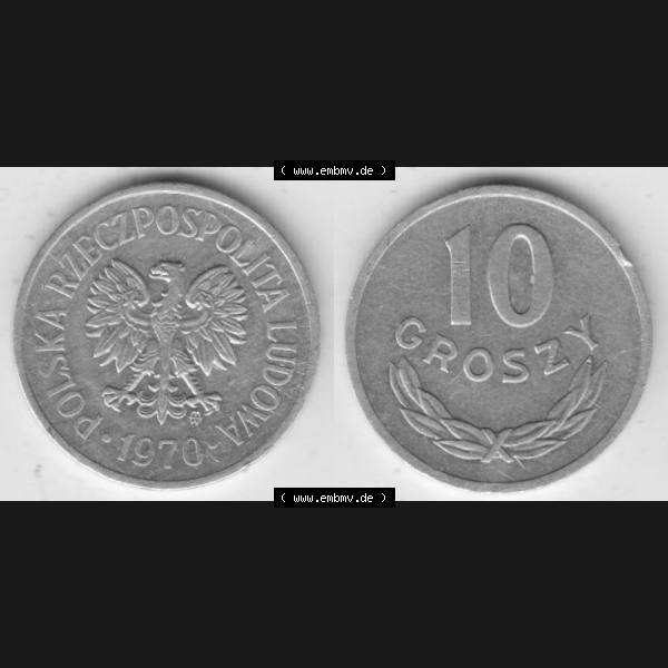 Grau bzw. s/w Münzen Polen Umlaufmünze 1961-1985, 10 Groszy 1970, Bild mit Vollansicht als Bildmaterial Sammlung Graustufen