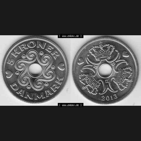 Grau bzw. s/w Münzen Dänemark Umlaufmünze 2013, 5 Kroner, Kronen. Vorderseite und Rückseite horizontal auf einen digitalen Bild der alten dänischen Umlaufmünze aus Dänemark... Sammlung Graustufen
