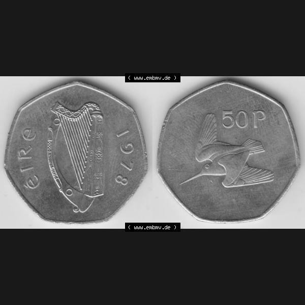 Grau bzw. s/w Münzen Irland Umlaufmünze 1970-2000, 50 Pence 1978. Vorderseite und Rückseite horizontal auf einen digitalen Bild der alten irischen Umlaufmünze aus Irland in Irische Pfund-Währung... Sammlung Graustufen