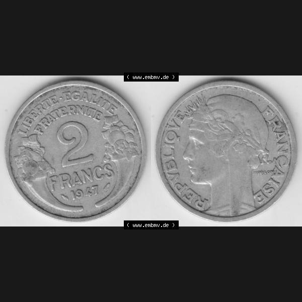 Grau bzw. s/w Münze Frankreich 1941-1959, 2 Francs, Franken 1947. Vorderseite und Rückseite horizontal auf einen digitalen Bild der alten französischen Umlaufmünze aus Frankreich... Sammlung Graustufen