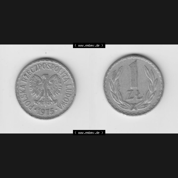 Grau bzw. s/w Münzen Polen Umlaufmünze 1957-1985, 1 Zloty 1975, Bild mit Vollansicht als Bildmaterial Sammlung Graustufen