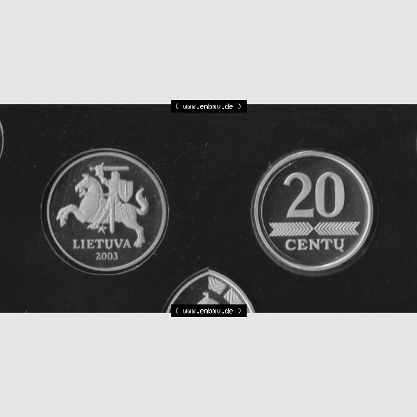 Grau bzw. s/w Münzen Litauen Umlaufmünze 1997-2014, 20 Centu 2003, Bild mit Vollansicht aus offiziellen Münzsatz / KMS 2003 Sammlung Graustufen