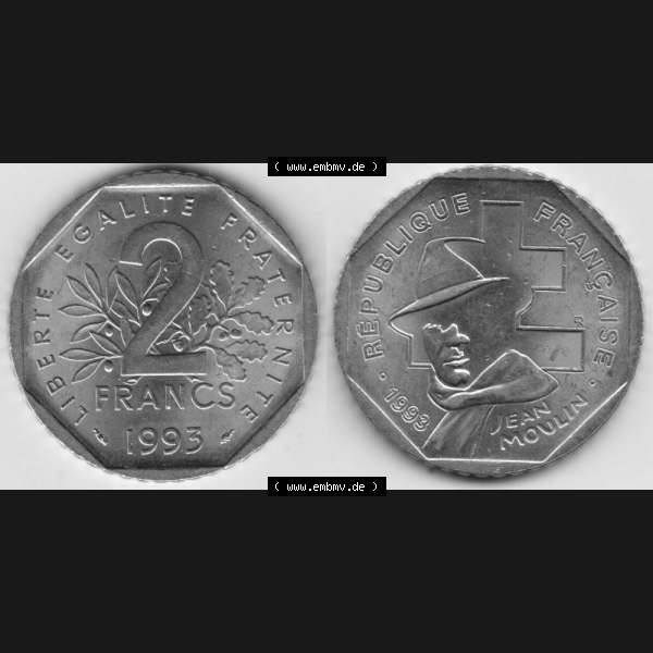 Grau bzw. s/w Münze Frankreich 1993-1993, 2 Francs Jean Moulin. Vorderseite und Rückseite horizontal auf einen digitalen Bild der alten französischen Umlaufmünze aus Frankreich in der... Sammlung Graustufen