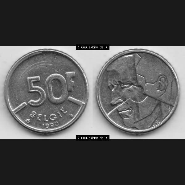 Grau bzw. s/w Münzen Belgien Umlaufmünze 1987-1993, 50 Francs 1990 Belgie. Vorderseite und Rückseite horizontal auf einen digitalen Bild der alten belgischen Francs Umlaufmünze aus Belgien... Sammlung Graustufen