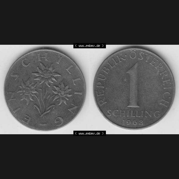 Grau bzw. s/w Münzen Österreich Umlaufmünze 1959-2001, 1 Schilling 1968, Münze aus Österreich mit Münzseiten Horizontal / Nebeneinander auf einen Bild für Mobile-Geräte... Sammlung Graustufen