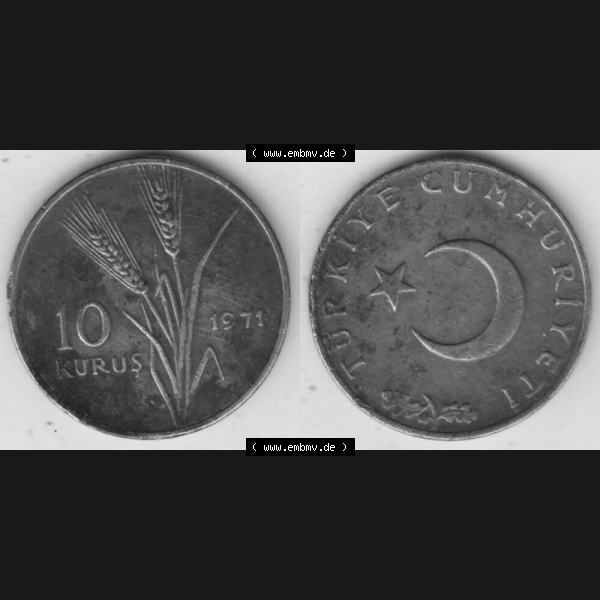 Grau bzw. s/w Münzen Türkei Umlaufmünze 1969-1973, 10 Kurus 1971. Vorderseite und Rückseite der Münze der Türkei auf einen Digitalen Bild, als Bildmaterial für Sammler... Sammlung Graustufen