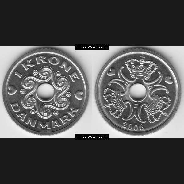 Grau bzw. s/w Münzen Dänemark Umlaufmünze 2006, 1 Krone. Vorderseite und Rückseite horizontal auf einen digitalen Bild der alten dänischen Umlaufmünze aus Dänemark zum... Sammlung Graustufen