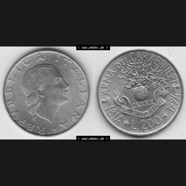 Grau bzw. s/w Münzen Italien Gedenkmünze 1994-1994, 200 Lire 180 Jahre Carabinieri. Vorderseite und Rückseite horizontal auf einen digitalen Bild der alten italienischen Münze aus Italien... Sammlung Graustufen