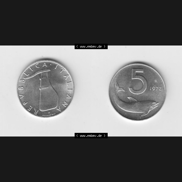 Grau bzw. s/w Münzen Italien Umlaufmünze 1951-2001, 5 Lira-Lire Schiffs-Ruder 1972. Vorderseite und Rückseite horizontal auf einen digitalen Bild der alten italienischen Münze aus Italien... Sammlung Graustufen