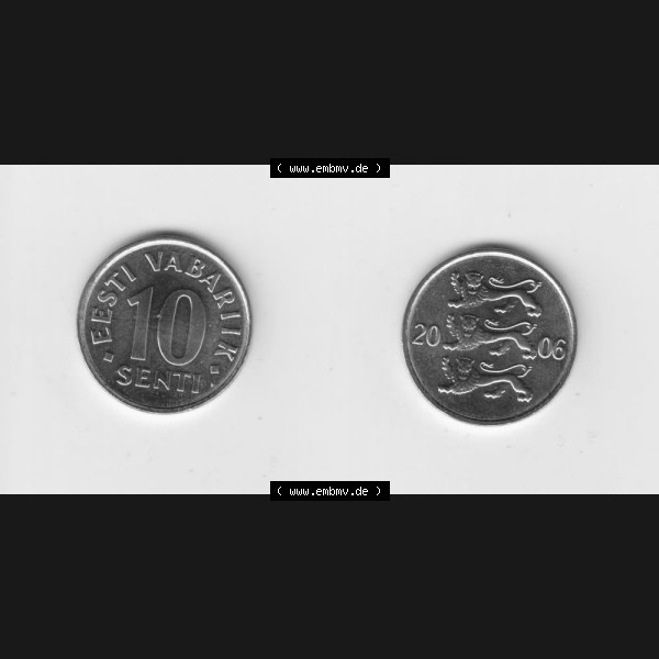 Grau bzw. s/w Münzen Estland Umlaufmünze 2006, 10 Senti. Vorderseite und Rückseite horizontal auf einen digitalen Bild der alten estländische Umlaufmünze aus Estland zum katalogisieren... Sammlung Graustufen