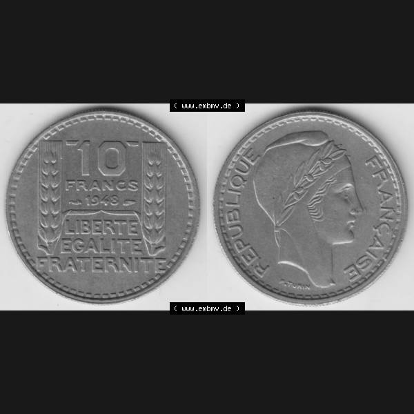 Grau bzw. s/w Münze Frankreich 1947-1949, 10 Francs, Franken 1948. Vorderseite und Rückseite horizontal auf einen digitalen Bild der alten französischen Umlaufmünze aus Frankreich... Sammlung Graustufen