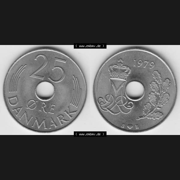 Grau bzw. s/w Münzen Dänemark Umlaufmünze 1979, 25 Öre. Vorderseite und Rückseite horizontal auf einen digitalen Bild der alten dänischen Umlaufmünze aus Dänemark... Sammlung Graustufen