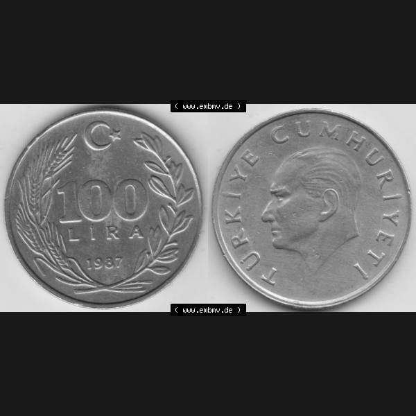 Grau bzw. s/w Münzen Türkei Umlaufmünze 1984-1988, 100 Lira - Lire 1987. Vorderseite und Rückseite der Münze der Türkei auf einen Digitalen Bild, als Bildmaterial für... Sammlung Graustufen