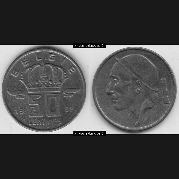 Grau bzw. s/w Münzen Belgien Umlaufmünze 1958-2001, 50 Centines 1992 Belgie. Vorderseite und Rückseite horizontal auf einen digitalen Bild der alten belgischen Francs Umlaufmünze aus... Sammlung Graustufen