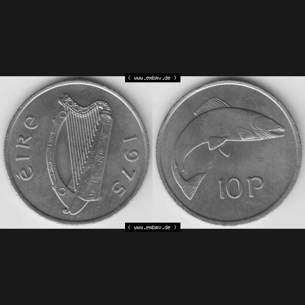 Grau bzw. s/w Münzen Irland Umlaufmünze 1975, 5 Pence 1975. Vorderseite und Rückseite horizontal auf einen digitalen Bild der alten irischen Umlaufmünze aus Irland in Irische Pfund-Währung... Sammlung Graustufen