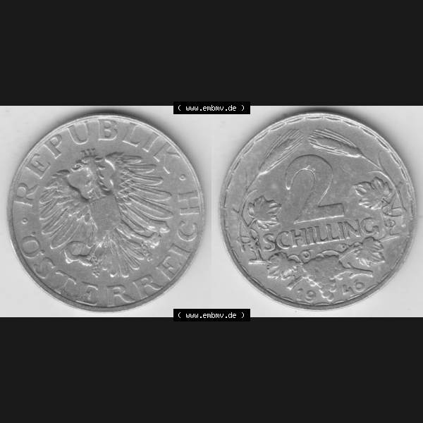 Grau bzw. s/w Münzen Österreich Umlaufmünze 1946-1952, 2 Schilling 1946, Münze aus Österreich mit Münzseiten Horizontal / Nebeneinander auf einen Bild für Mobile-Geräte... Sammlung Graustufen