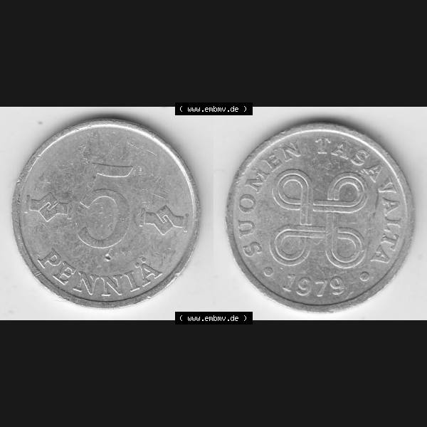 Grau bzw. s/w Münzen Finnland Umlaufmünze 1977-1990, 5 Penniä 1979. Vorderseite und Rückseite horizontal auf einen digitalen Bild der alten finnischen Umlaufmünze aus Finnland SUOMI... Sammlung Graustufen