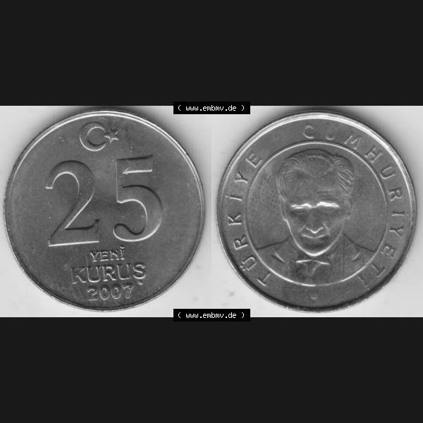 Grau bzw. s/w Münzen Türkei Umlaufmünze 2005-2008, 25 Yeni Neue Kurus 2007. Vorderseite und Rückseite der Münze der Türkei auf einen Digitalen Bild, als Bildmaterial... Sammlung Graustufen
