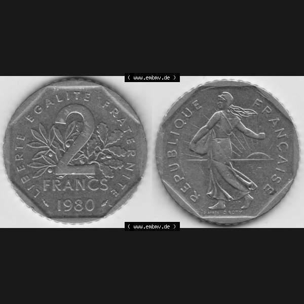 Grau bzw. s/w Münze Frankreich 1979-2001, 2 Francs 1980 Säerin Semeuse. Vorderseite und Rückseite horizontal auf einen digitalen Bild der alten französischen Umlaufmünze aus Frankreich... Sammlung Graustufen
