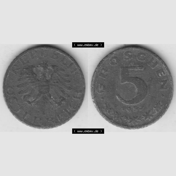 Grau bzw. s/w Münzen Österreich Umlaufmünze 1948-1994, 5 Groschen 1957, Münze aus Österreich mit Münzseiten Horizontal / Nebeneinander auf einen Bild für Mobile-Geräte... Sammlung Graustufen