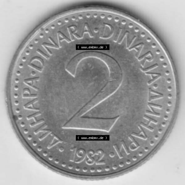 Grau bzw. s/w Münzen Jugoslawien Umlaufmünze 1982-1986, 2 Dinar 1982, Bild mit Rückseite der Münze als Bildmaterial Sammlung Graustufen