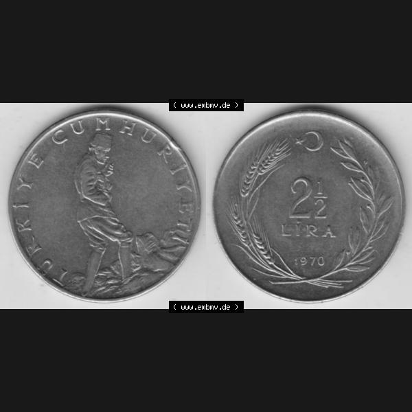 Grau bzw. s/w Münzen Türkei Umlaufmünze 1969-1980, 2-1-2 Lira 1970, Bild mit Vollansicht als Bildmaterial Sammlung Graustufen