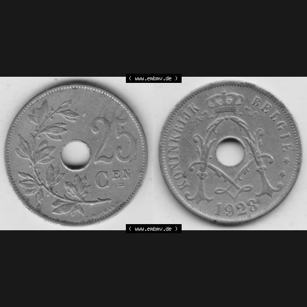 Grau bzw. s/w Münzen Belgien Umlaufmünze 1910-1929, 25 Cen, 1928 Centimes Koninkrijk Belgie. Vorderseite und Rückseite horizontal auf einen digitalen Bild der alten belgischen Francs... Sammlung Graustufen