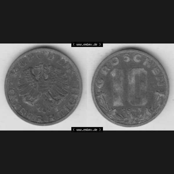 Grau bzw. s/w Münzen Österreich Umlaufmünze 1947-1949, 10 Groschen 1948 III., Münze aus Österreich mit Münzseiten Horizontal / Nebeneinander auf einen Bild für... Sammlung Graustufen