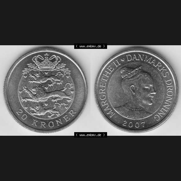 Grau bzw. s/w Münzen Dänemark Umlaufmünze 2007, 20 Kroner, Kronen. Vorderseite und Rückseite horizontal auf einen digitalen Bild der alten dänischen Umlaufmünze aus Dänemark... Sammlung Graustufen