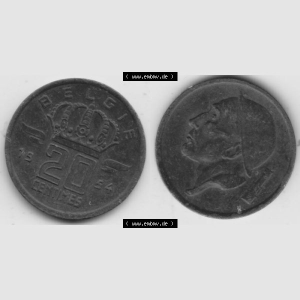 Grau bzw. s/w Münzen Belgien Umlaufmünze 1954, 1960, 20 Centimes Belgie. Vorderseite und Rückseite horizontal auf einen digitalen Bild der alten belgischen Francs Umlaufmünze aus... Sammlung Graustufen