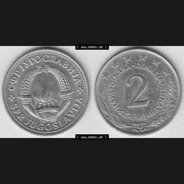 Grau bzw. s/w Münzen Jugoslawien Umlaufmünze 1971-1981, 2 Dinar 1981, Bild mit Vollansicht als Bildmaterial Sammlung Graustufen