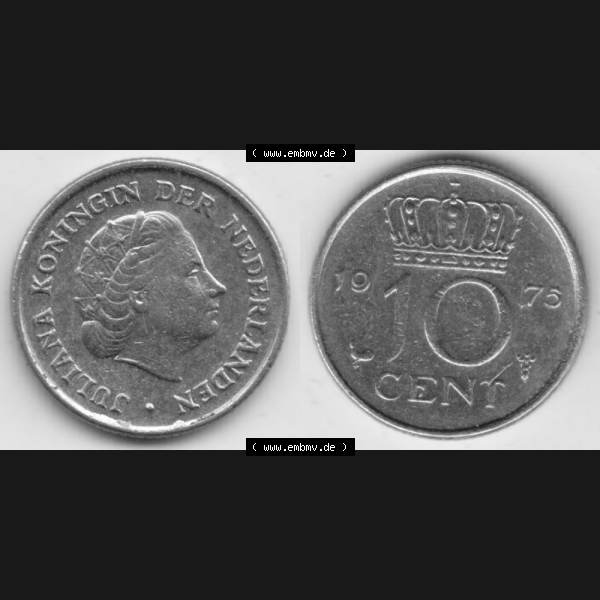 Grau bzw. s/w Münzen Niederlande Umlaufmünze 1950-1980, 10 Cent 1975, Bild mit horizontaler Vollansicht als Bildmaterial Sammlung Graustufen