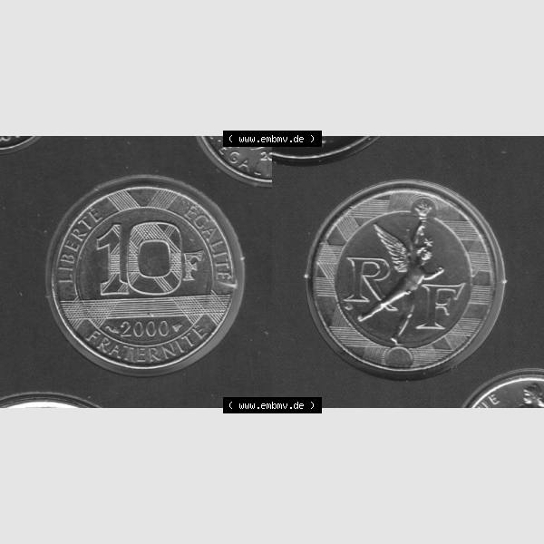 Grau bzw. s/w Münze Frankreich 2000, 10 Francs. Vorderseite und Rückseite horizontal auf einen digitalen Bild der alten französischen Umlaufmünze aus Frankreich in der Francs-Währung... Sammlung Graustufen