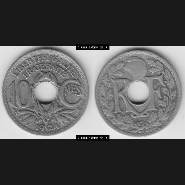 Grau bzw. s/w Münze Frankreich 1917-1938, 10 Centimes, Cent 1924. Vorderseite und Rückseite horizontal auf einen digitalen Bild der alten französischen Umlaufmünze 10 Cmes - Centimes... Sammlung Graustufen