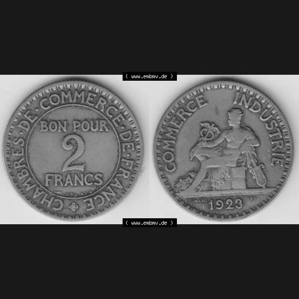 Grau bzw. s/w Münze Frankreich 1920-1927, 2 Francs, Franken 1923. Vorderseite und Rückseite horizontal auf einen digitalen Bild der alten französischen Umlaufmünze aus Frankreich... Sammlung Graustufen