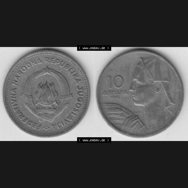 Grau bzw. s/w Münzen Jugoslawien Umlaufmünze 1955-1955, 10 Dinar 1955, Bild mit Vollansicht zum Download Sammlung Graustufen