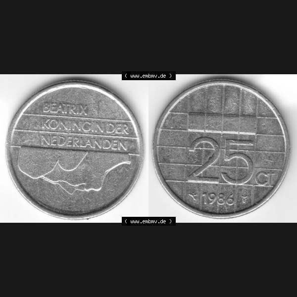 Grau bzw. s/w Münzen Niederlande Umlaufmünze 1986, 25 Cent, Bild mit horizontaler Vollansicht als Bildmaterial Sammlung Graustufen