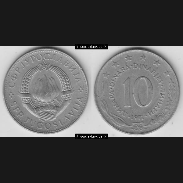 Grau bzw. s/w Münzen Jugoslawien Umlaufmünze 1976-1981, 10 Dinar 1977, Bild mit Vollansicht als Bildmaterial Sammlung Graustufen