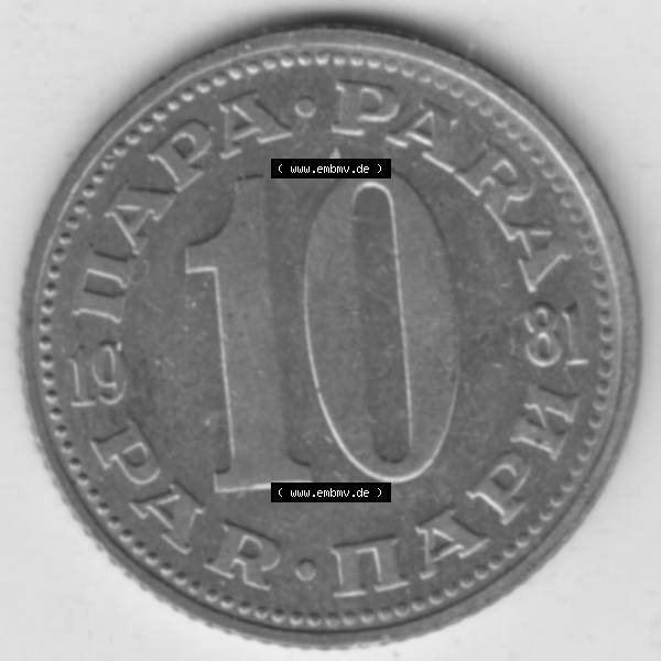 Grau bzw. s/w Münzen Jugoslawien Umlaufmünze 1965-1981, 10 Para 1981, Bild mit Rückseite der Münze zum Download Sammlung Graustufen