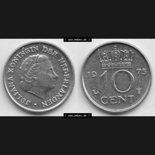 Grau bzw. s/w Münzen Niederlande Umlaufmünze 1950-1980, 10 Cent 1973, Bild mit horizontaler Vollansicht als Bildmaterial Sammlung Graustufen