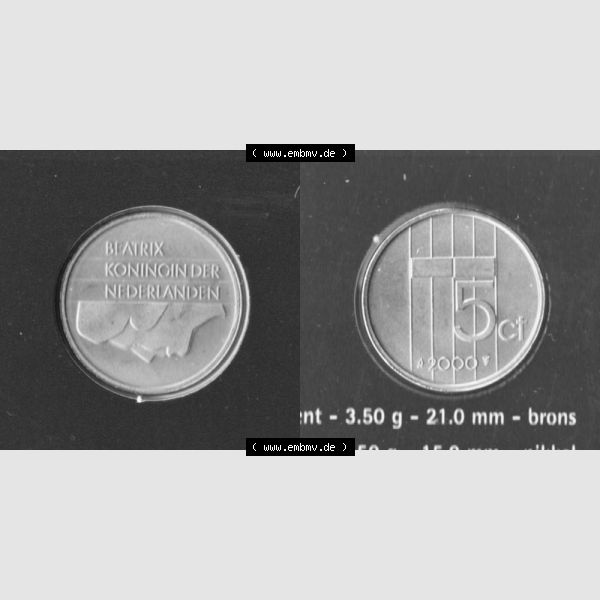 Grau bzw. s/w Münzen Niederlande Umlaufmünze 1982-2000, 5 Cent 2000, Bild mit Vollansicht Sammlung Graustufen