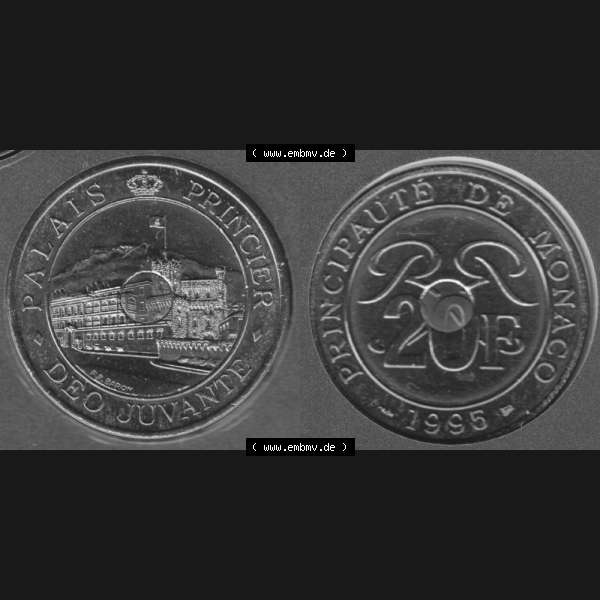 Grau bzw. s/w Münzen Monaco Umlaufmünze 1992-1997, 20 Francs 1995. Vorderseite und Rückseite horizontal nebeneinander auf einen digitalen Bild zum herunterladen, einer alten Umlaufmünze... Sammlung Graustufen