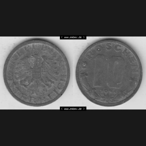 Grau bzw. s/w Münzen Österreich Umlaufmünze 1947-1949, 10 Groschen 1948 IV., Münze aus Österreich mit Münzseiten Horizontal / Nebeneinander auf einen Bild für... Sammlung Graustufen