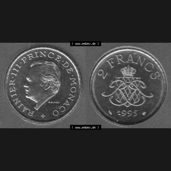 Grau bzw. s/w Münzen Monaco Umlaufmünze 1995-1995, 2 Francs 1995. Vorderseite und Rückseite horizontal nebeneinander auf einen digitalen Bild zum herunterladen, einer alten Umlaufmünze... Sammlung Graustufen