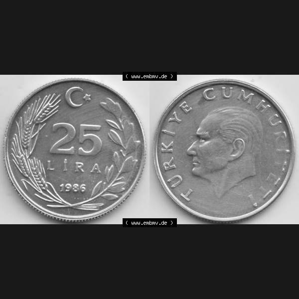 Grau bzw. s/w Münzen Türkei Umlaufmünze 1985-1989, 25 Lira - Lire 1986. Vorderseite und Rückseite der Münze der Türkei auf einen Digitalen Bild, als Bildmaterial für... Sammlung Graustufen