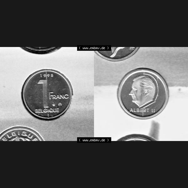 Grau bzw. s/w Münzen Belgien Umlaufmünze 1998, 1 Franc. Vorderseite und Rückseite horizontal auf einen digitalen Bild der alten belgischen Francs Umlaufmünze aus Belgien vor Einführung... Sammlung Graustufen