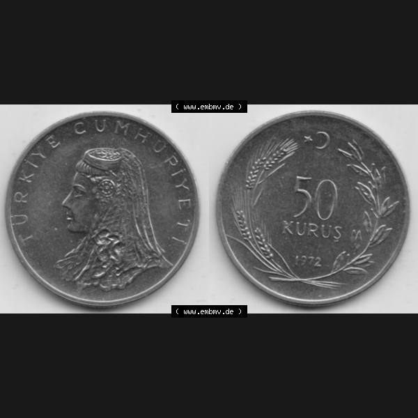 Grau bzw. s/w Münzen Türkei Umlaufmünze 1971-1979, 50 Kurus 1970, Bild mit Vollansicht als Bildmaterial Sammlung Graustufen